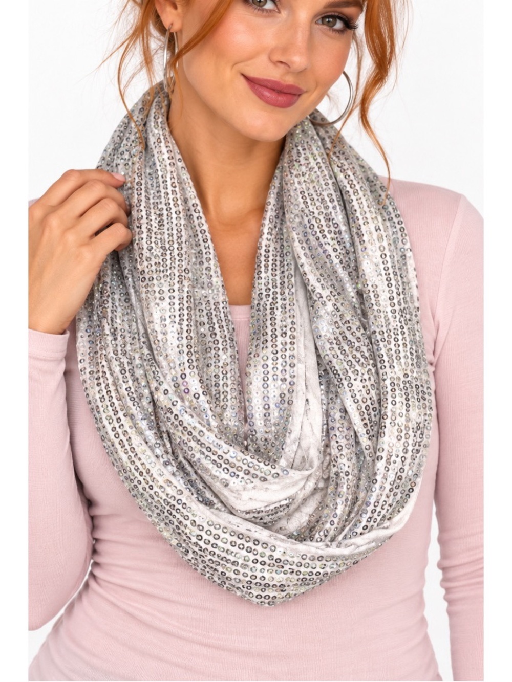 Vanity silver-white infinity scarf featuring an eye-catching all-over sequins